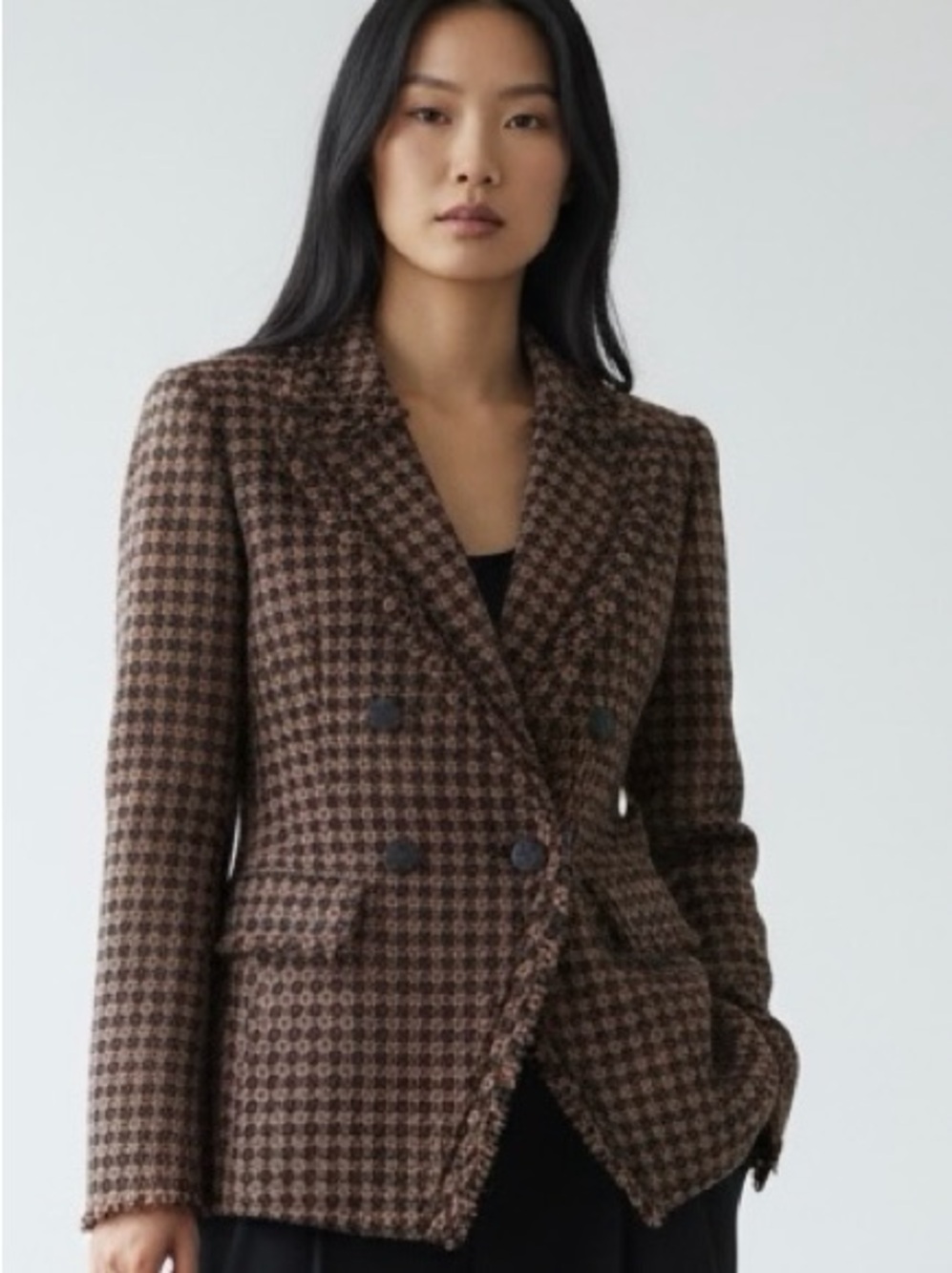 Veronica Beard Taja Houndstooth Tweed Double Breasted Blazer Size 8 Brown Black